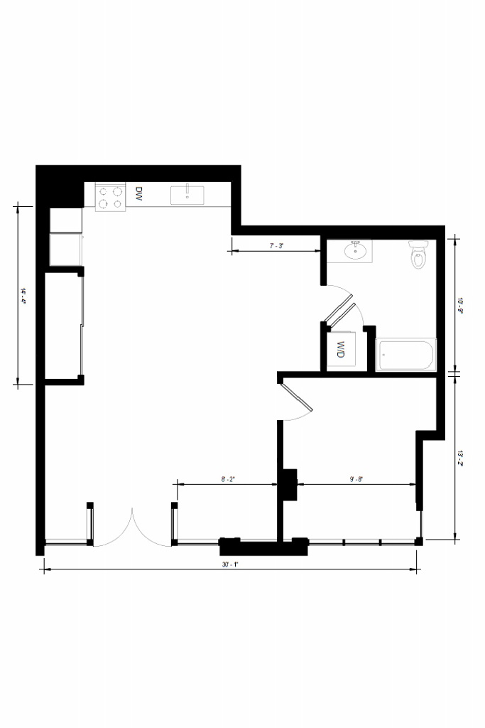 Floor plan for 1 bed, 1 bath, 772 sqft
